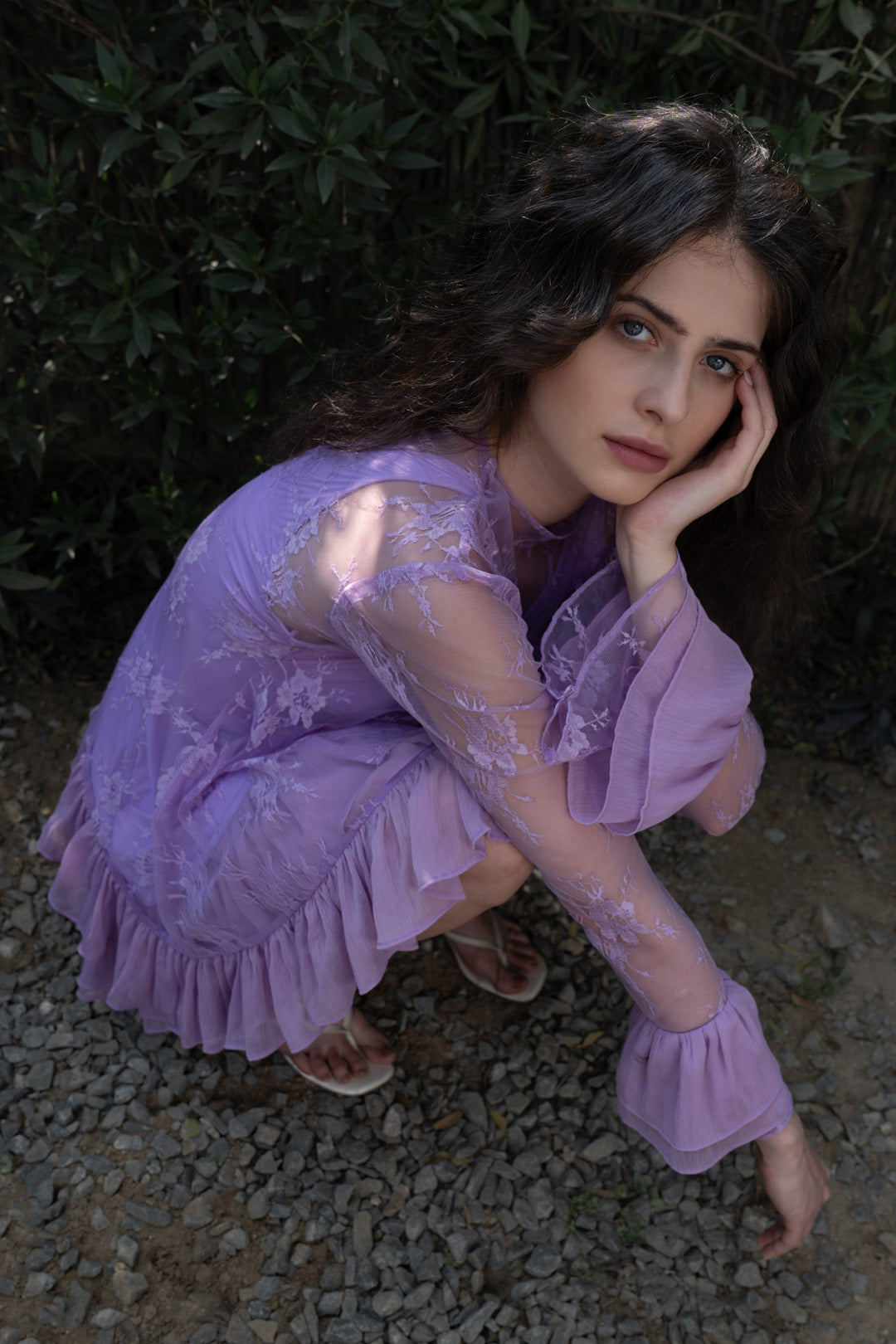 LILAC LACE RUFFLE MINI DRESS