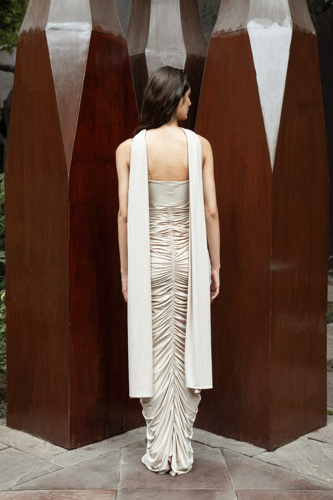 BEIGE RUCHED GOWN WITH DUPATTA