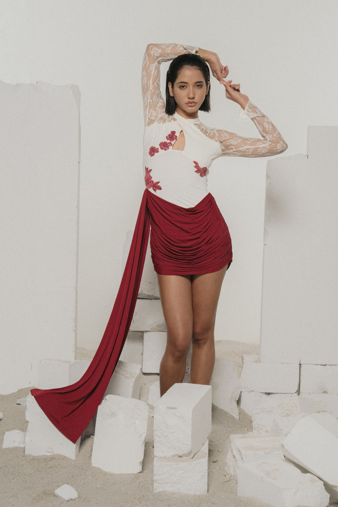 Maroon & Off White Draped Mini Dress With Lace Sleeves