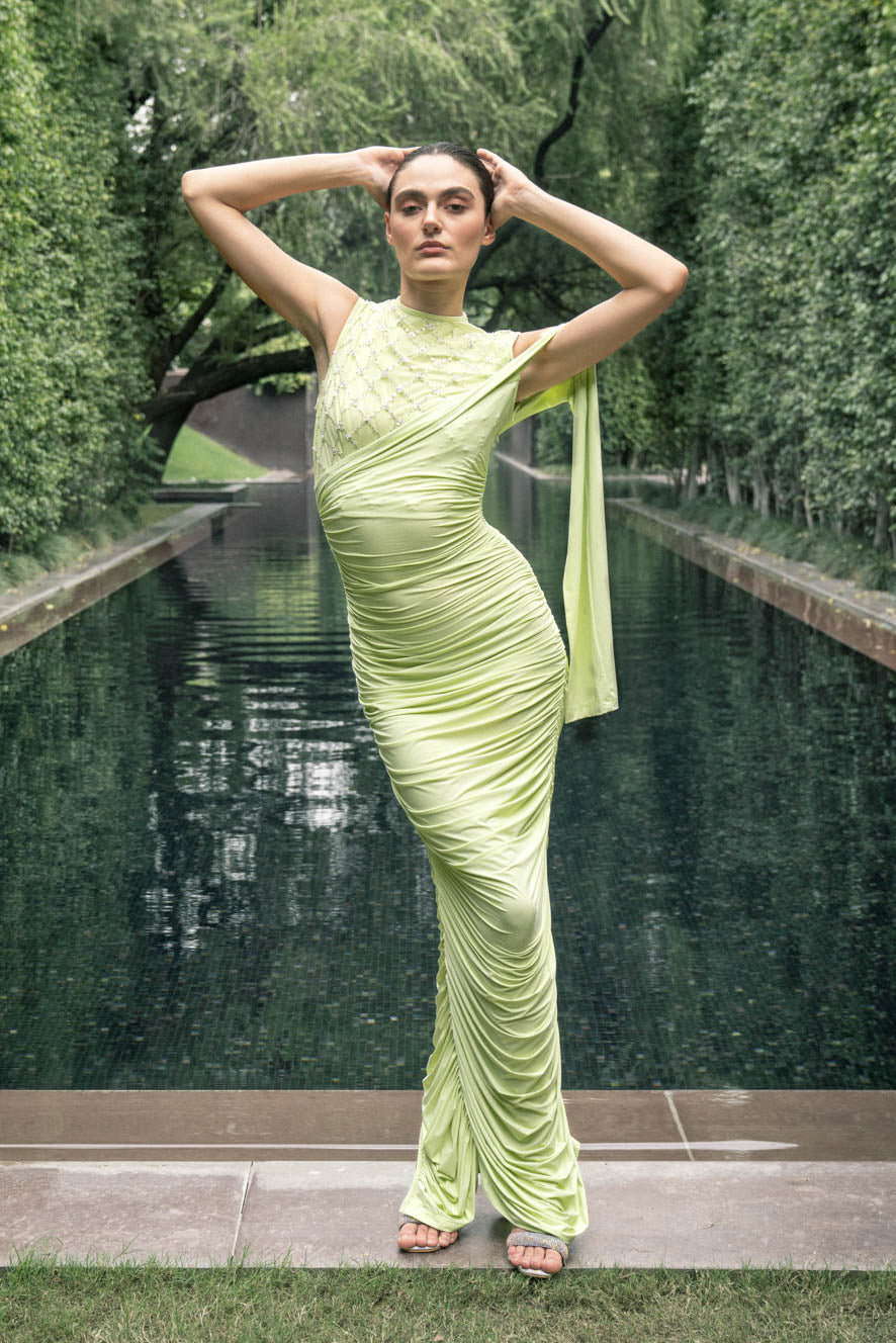 PASTEL LIME DRAPED GOWN
