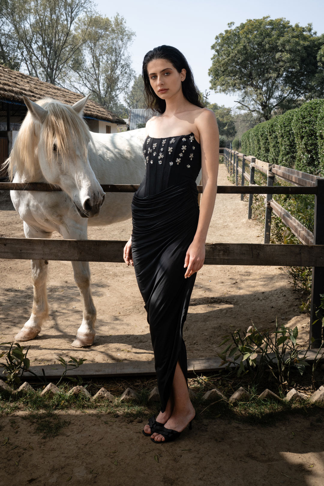 BLACK EMBELLISHED STRAPLESS DRAPED DRESS