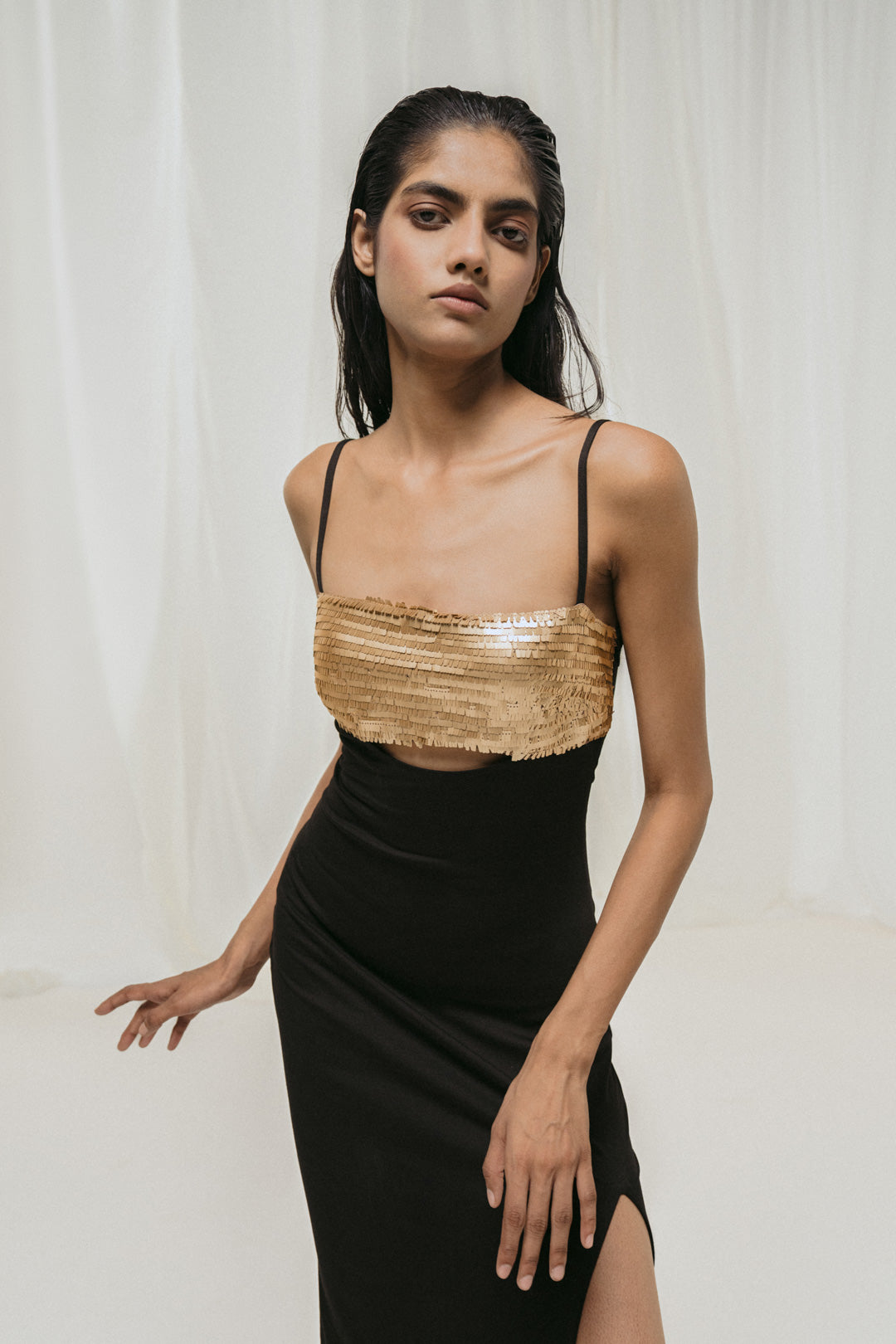 Black Embellished Cut-Out Column Gown