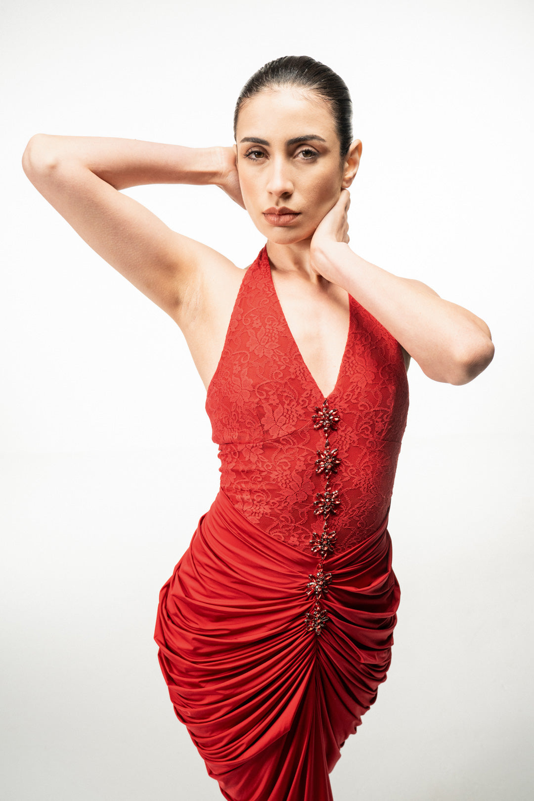 RED HALTER NECK DRAPED MAXI DRESS