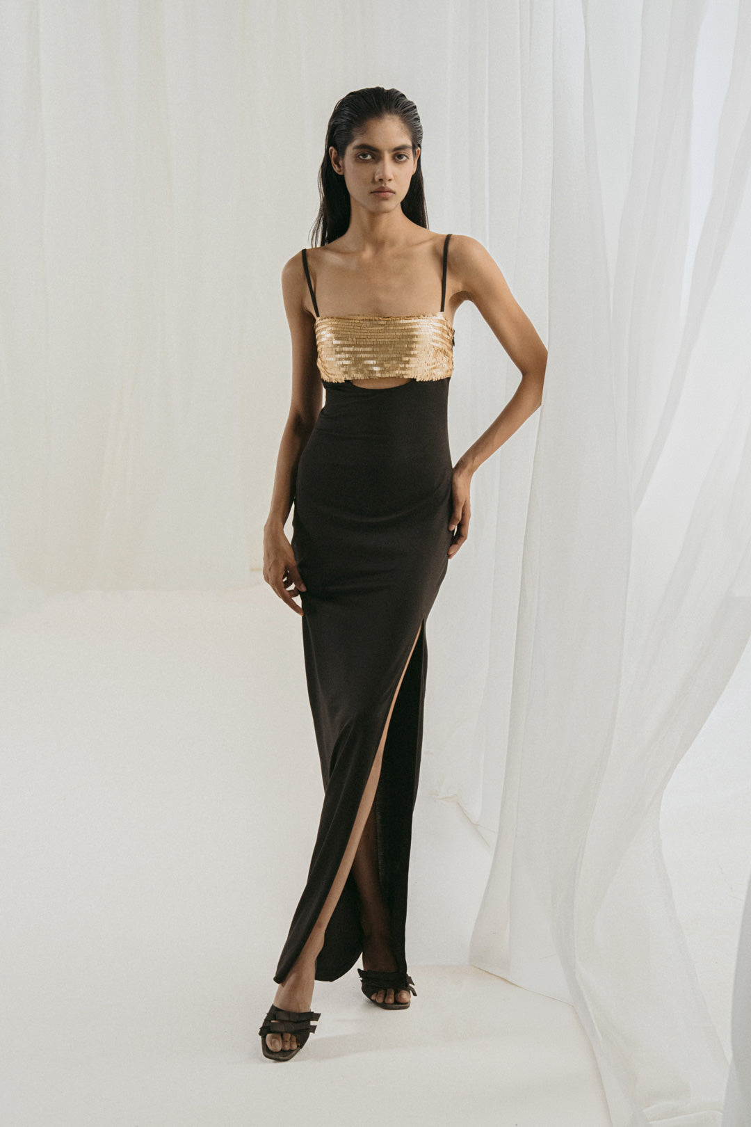 Black Embellished Cut-Out Column Gown