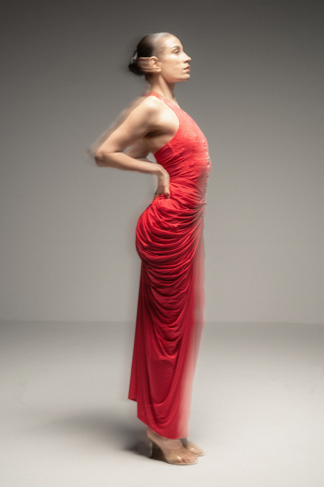 RED HALTER NECK DRAPED MAXI DRESS