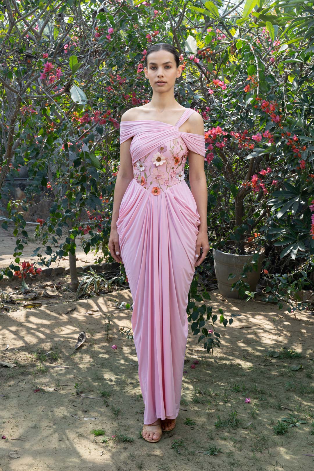 BLUSH FLORAL CORSET DRAPE GOWN