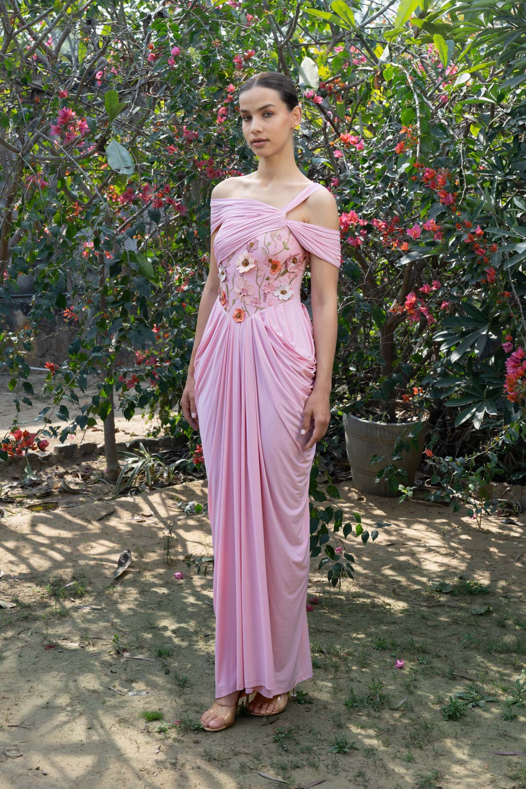 BLUSH FLORAL CORSET DRAPE GOWN