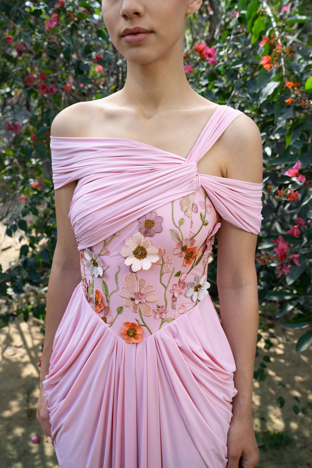 BLUSH FLORAL CORSET DRAPE GOWN