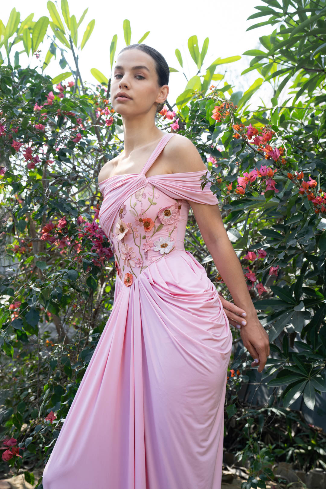 BLUSH FLORAL CORSET DRAPE GOWN