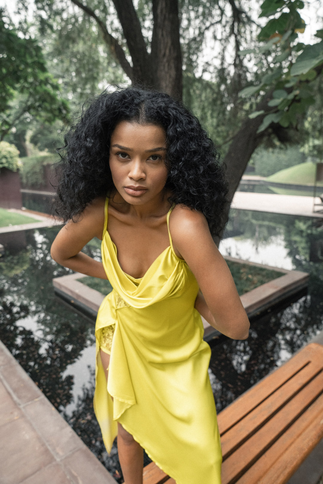 LEMON YELLOW DRAPED MIDI DRESS WITH LACE DETAIL