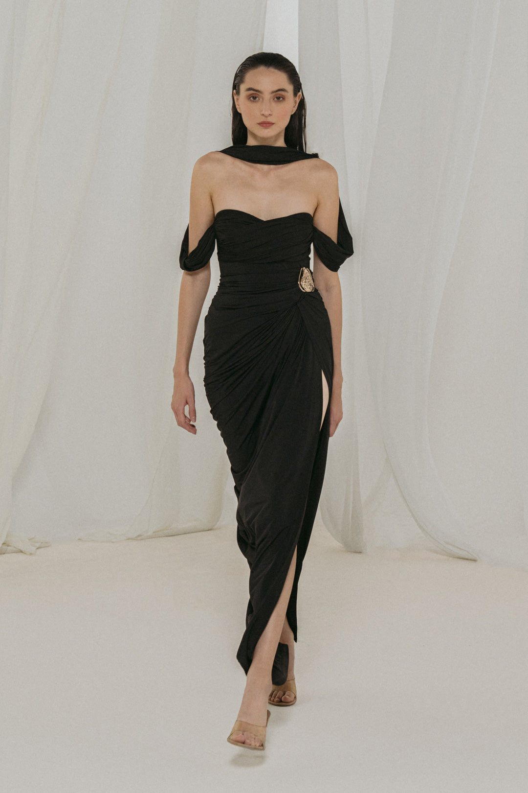 Off-Shoulder Draped Gown With Neck Stole
