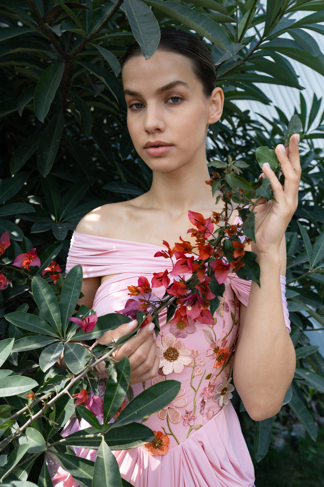 BLUSH FLORAL CORSET DRAPE GOWN