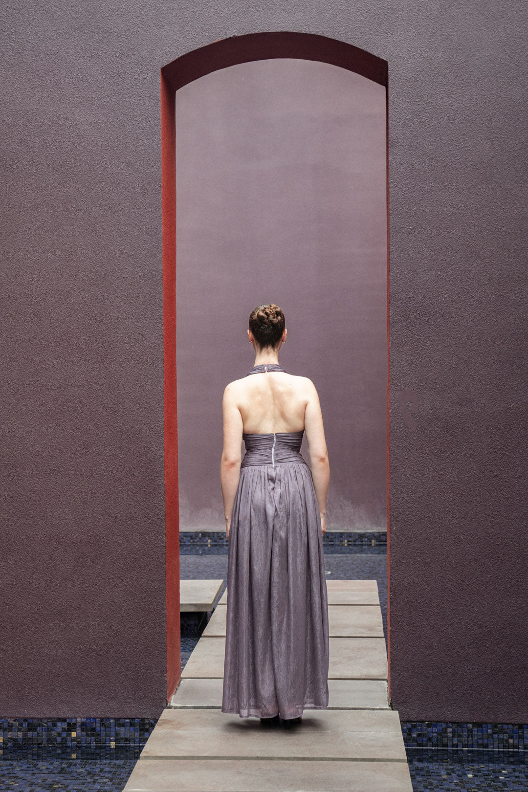 BROWN GATHERED HALTER GOWN WITH WAIST DETAIL