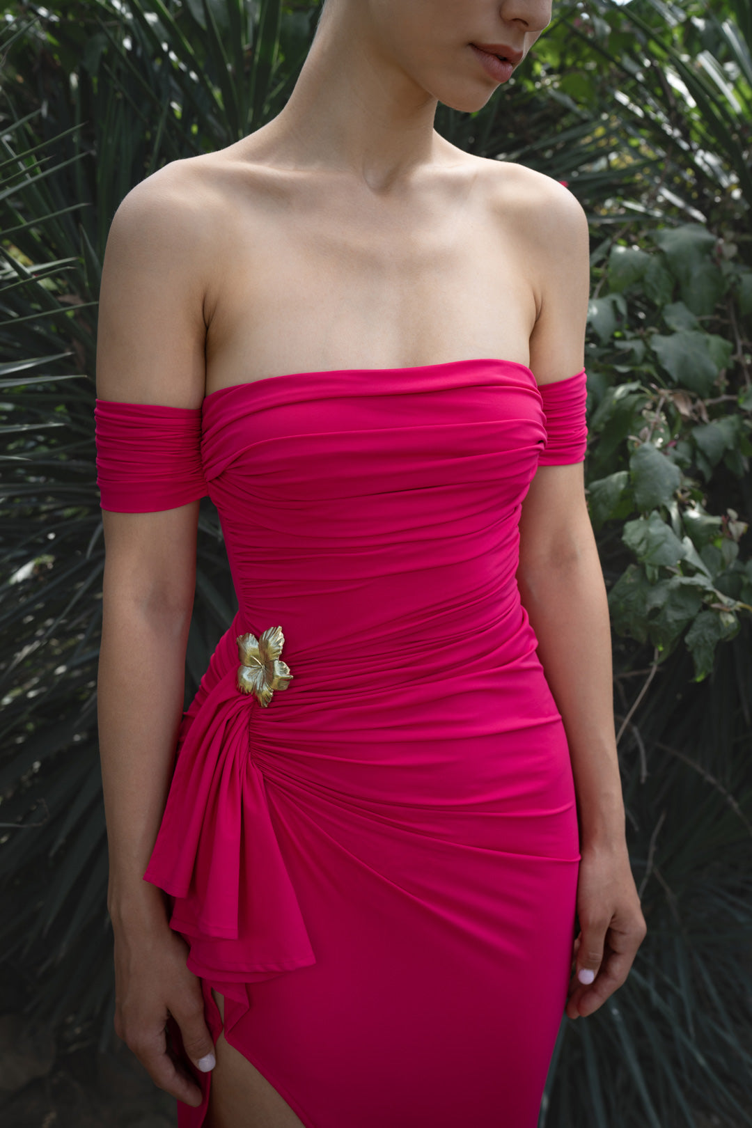 FUCHSIA OFF-SHOULDER RUCHED MAXI DRESS