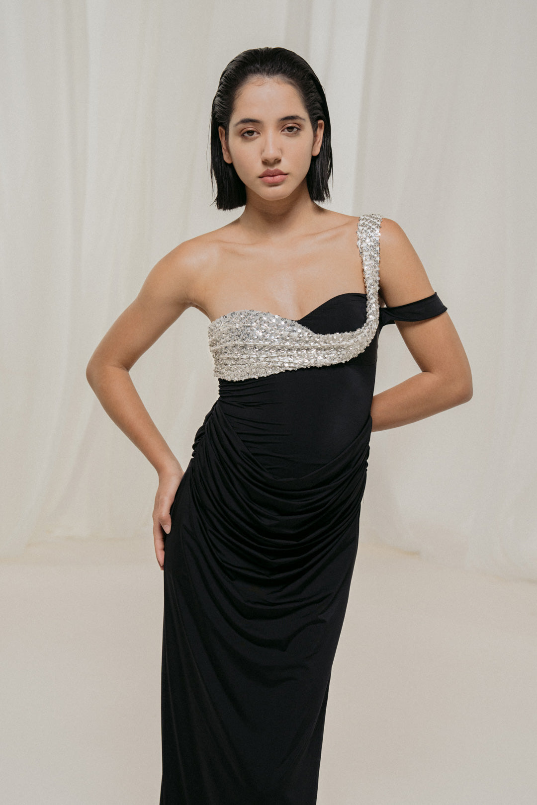 Embellished One-Shoulder Gown