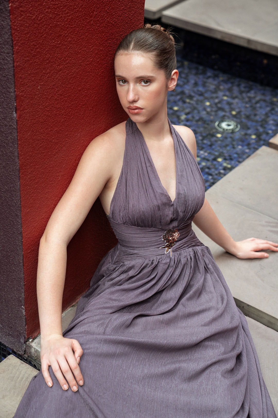 BROWN GATHERED HALTER GOWN WITH WAIST DETAIL