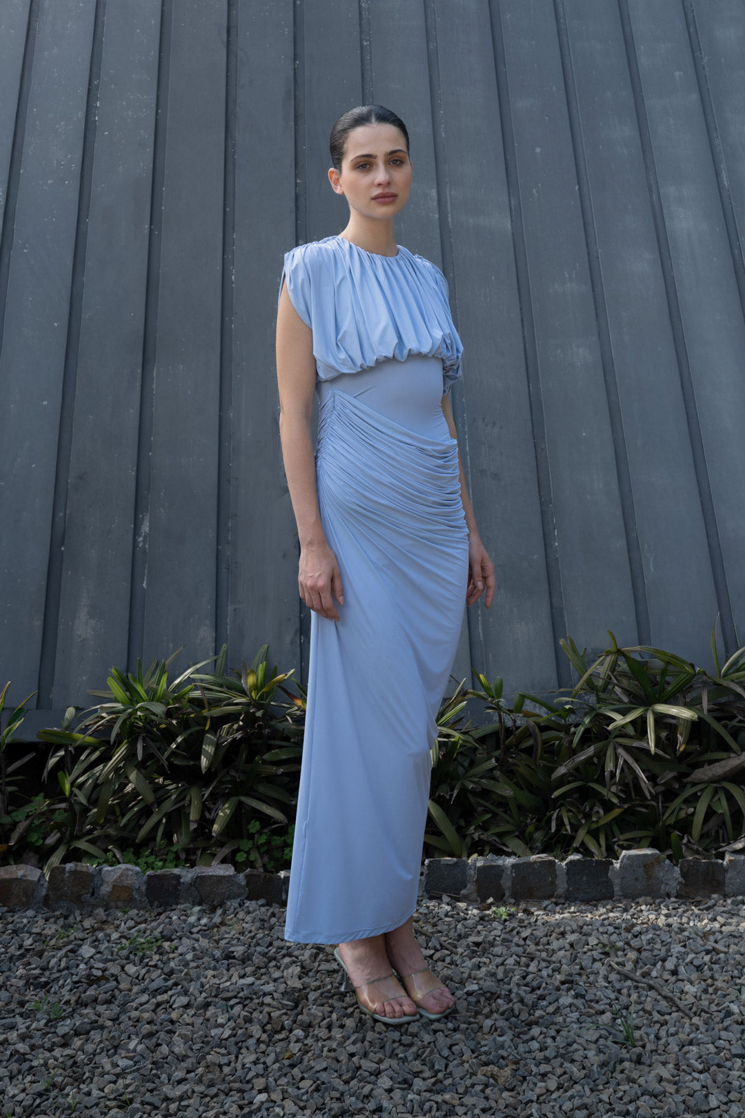 ASH BLUE RUCHED DRAPE MAXI DRESS