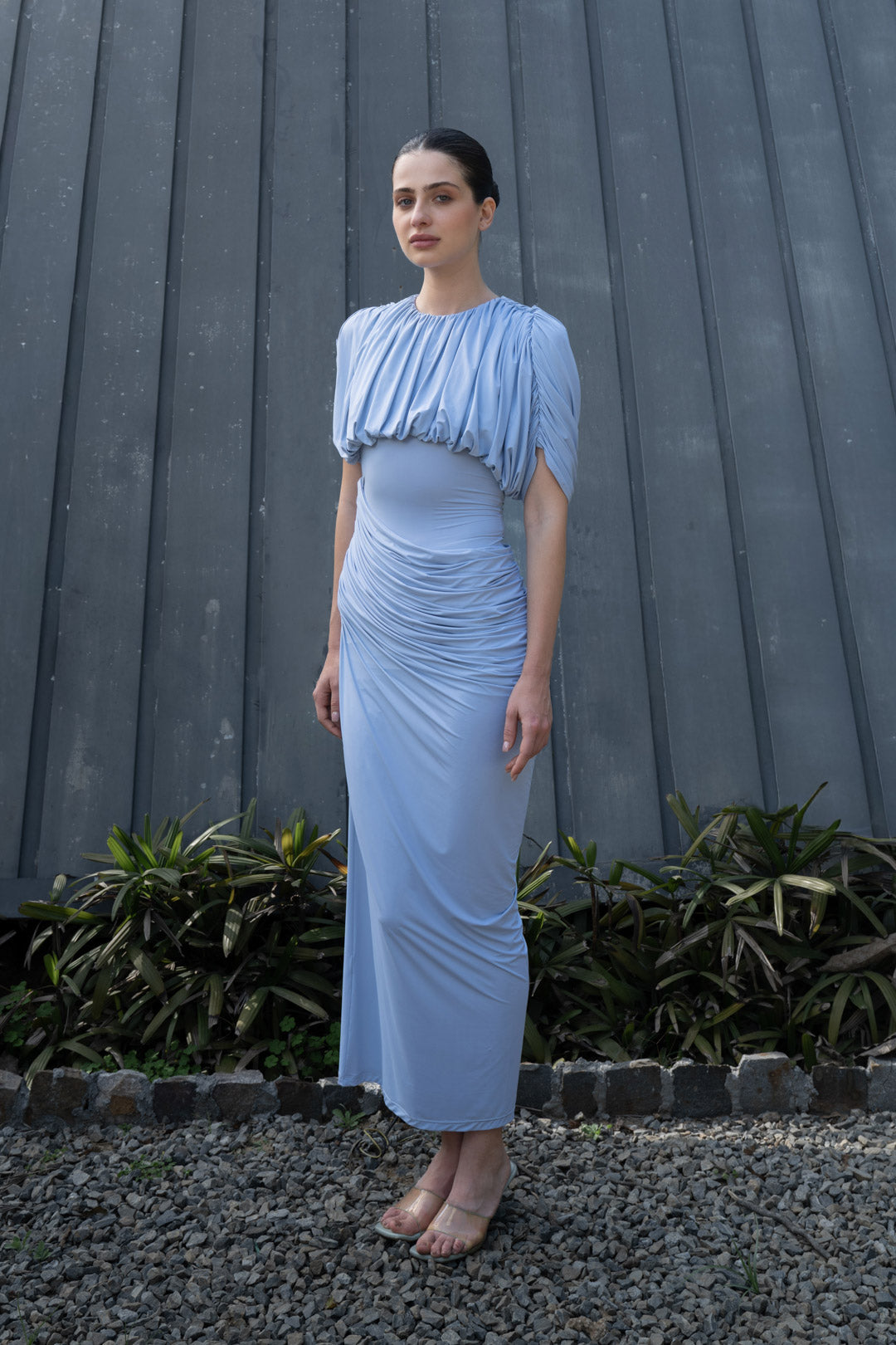ASH BLUE RUCHED DRAPE MAXI DRESS