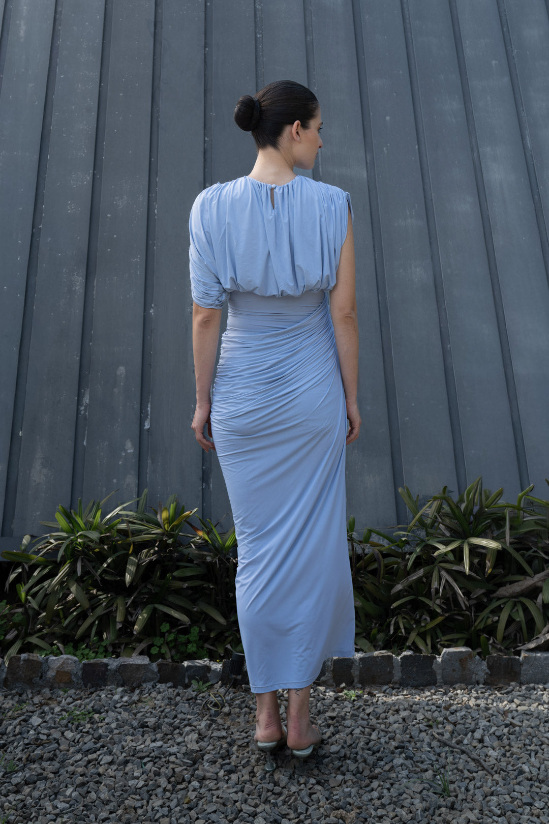 ASH BLUE RUCHED DRAPE MAXI DRESS