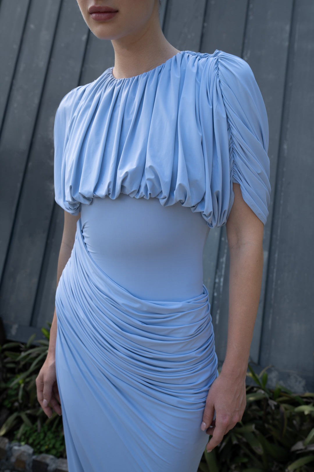 ASH BLUE RUCHED DRAPE MAXI DRESS
