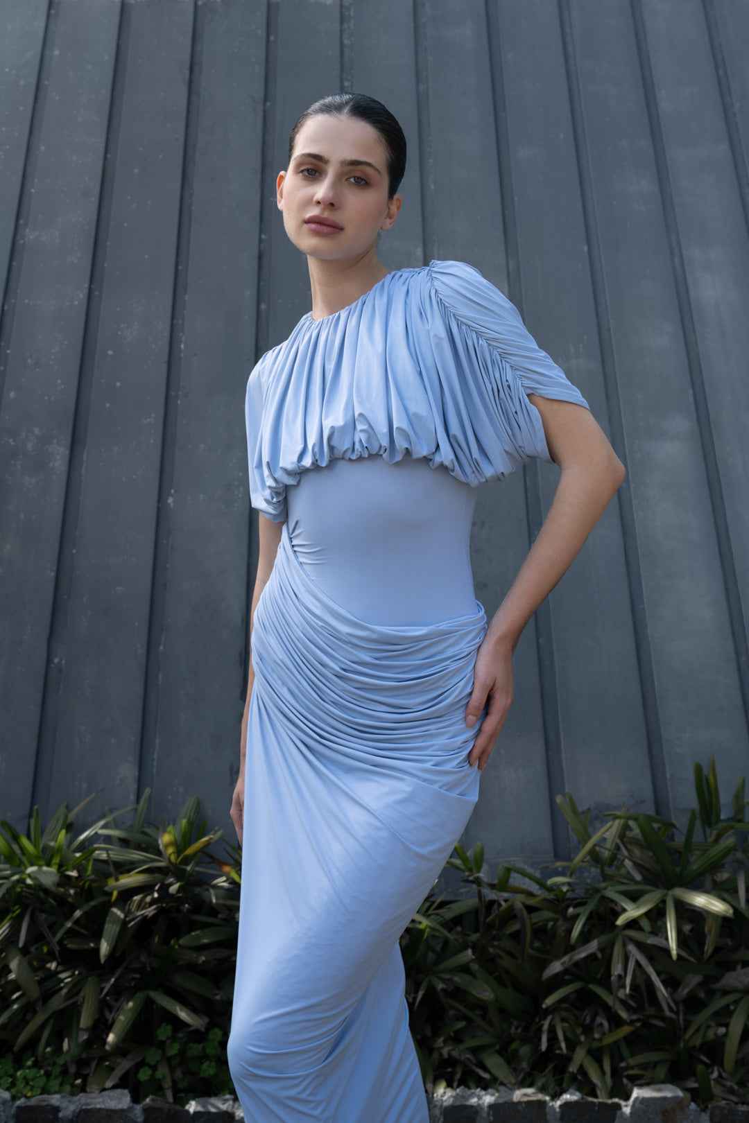 ASH BLUE RUCHED DRAPE MAXI DRESS