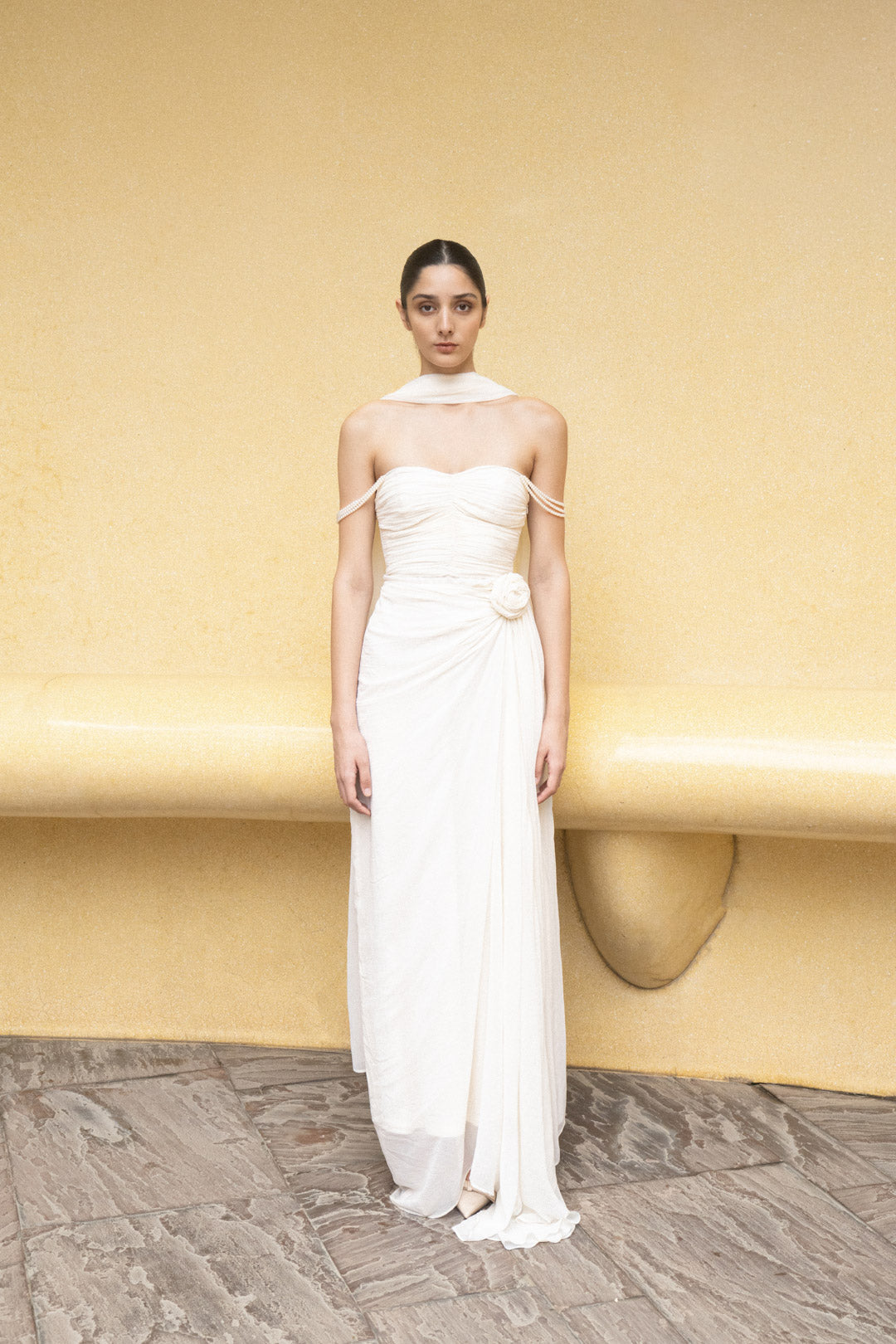IVORY DRAPED GOWN WITH OFF-SHOULDER PEARL STRAPS