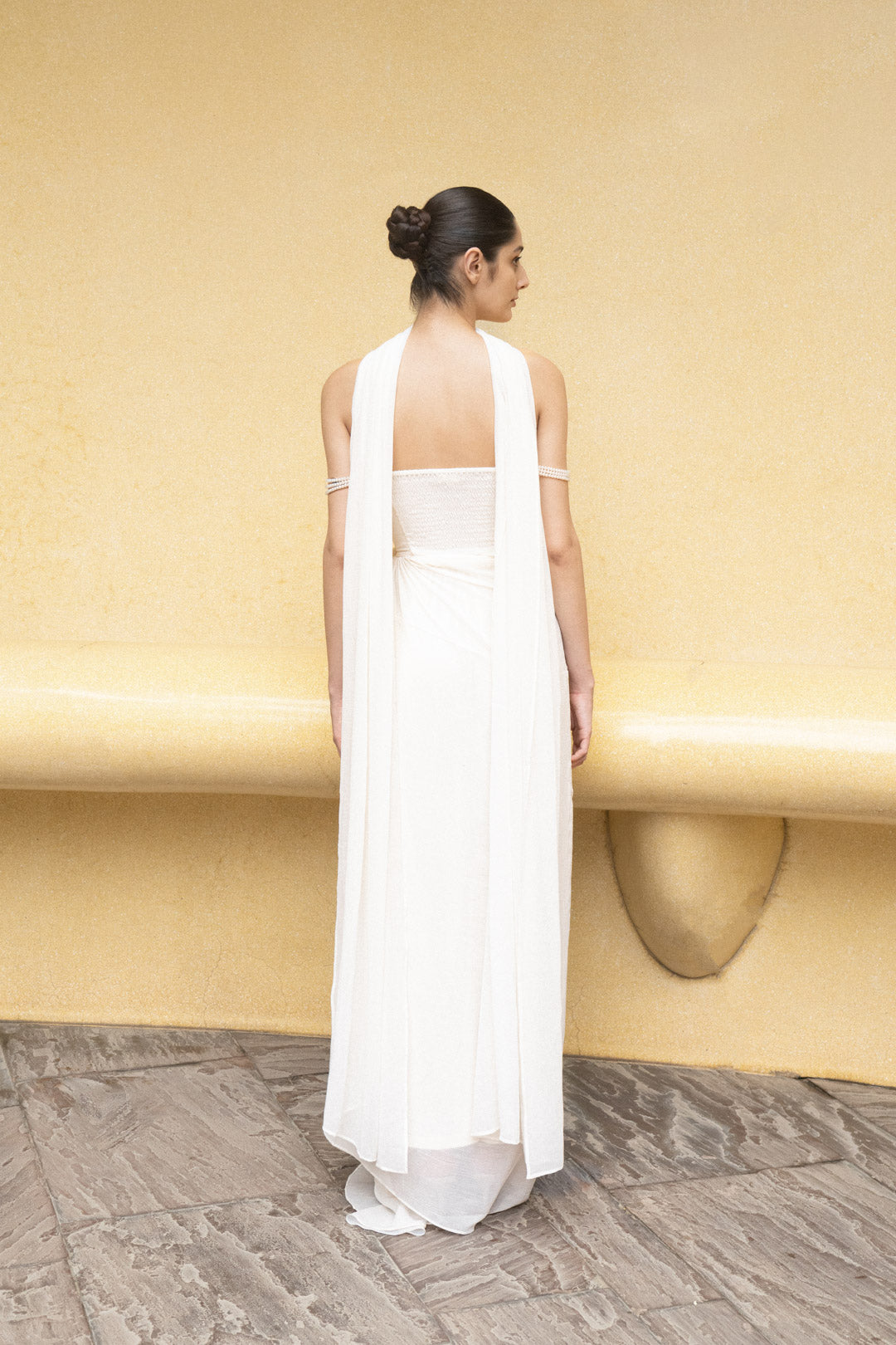 IVORY DRAPED GOWN WITH OFF-SHOULDER PEARL STRAPS