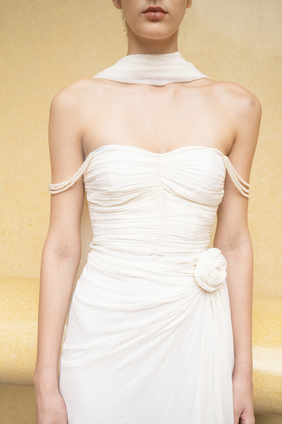 IVORY DRAPED GOWN WITH OFF-SHOULDER PEARL STRAPS