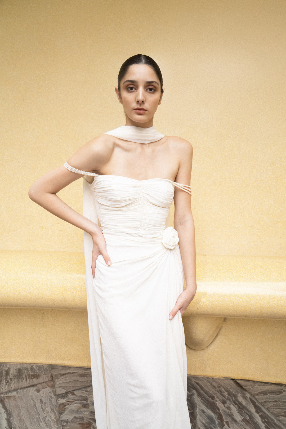 IVORY DRAPED GOWN WITH OFF-SHOULDER PEARL STRAPS