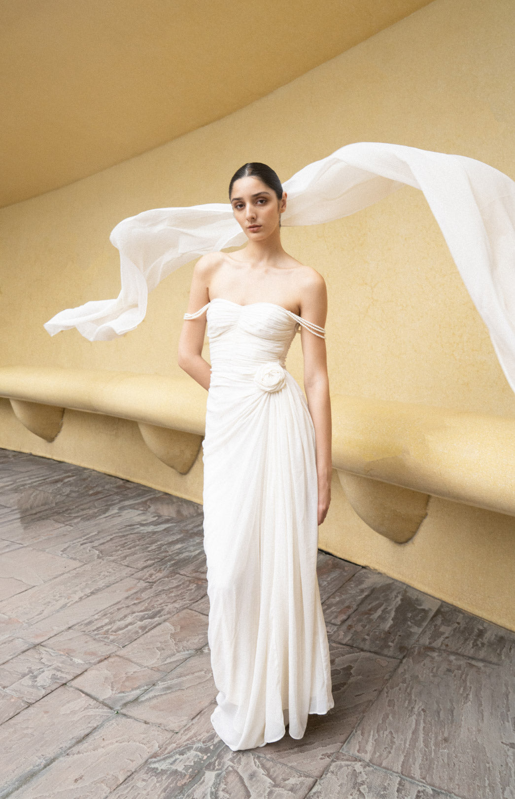 IVORY DRAPED GOWN WITH OFF-SHOULDER PEARL STRAPS