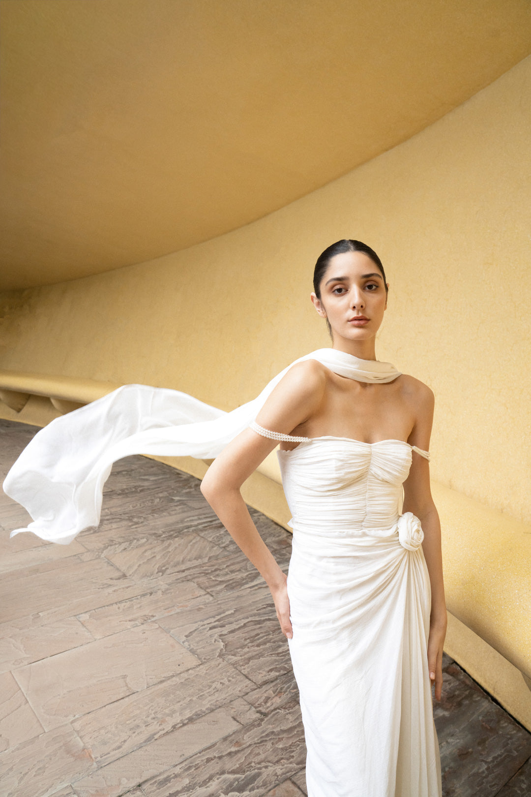 IVORY DRAPED GOWN WITH OFF-SHOULDER PEARL STRAPS