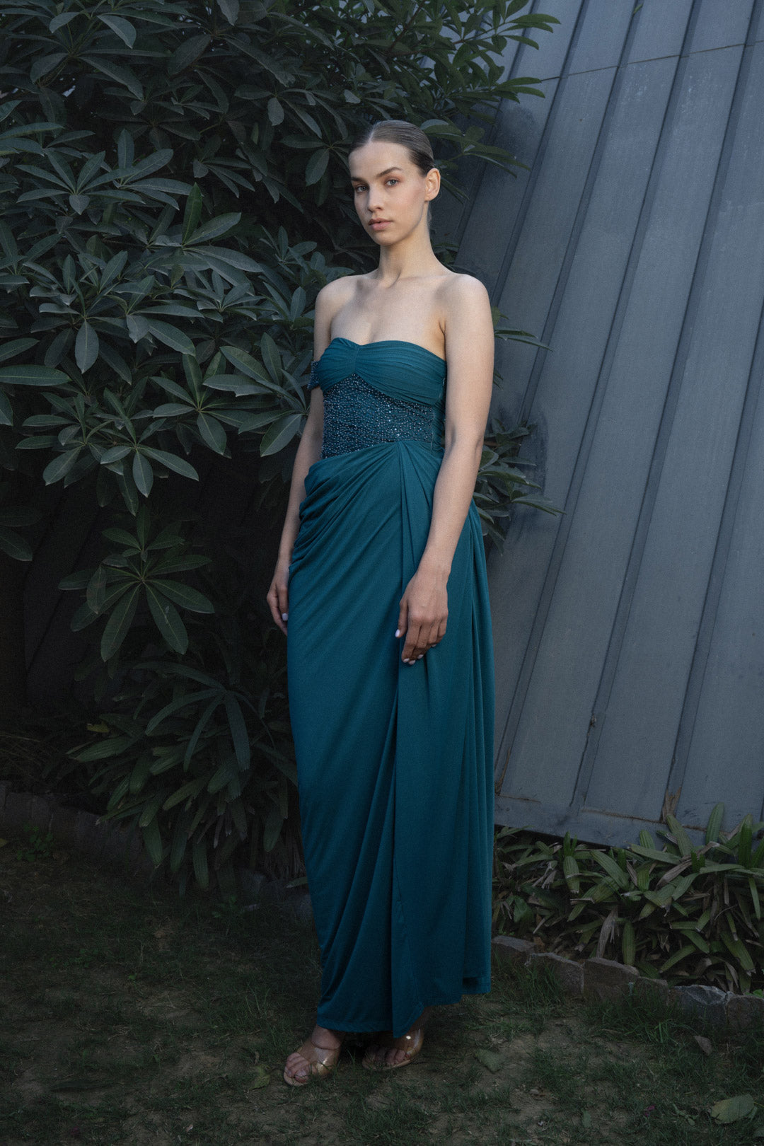 TEAL DRAPED STRAPLESS MAXI DRESS