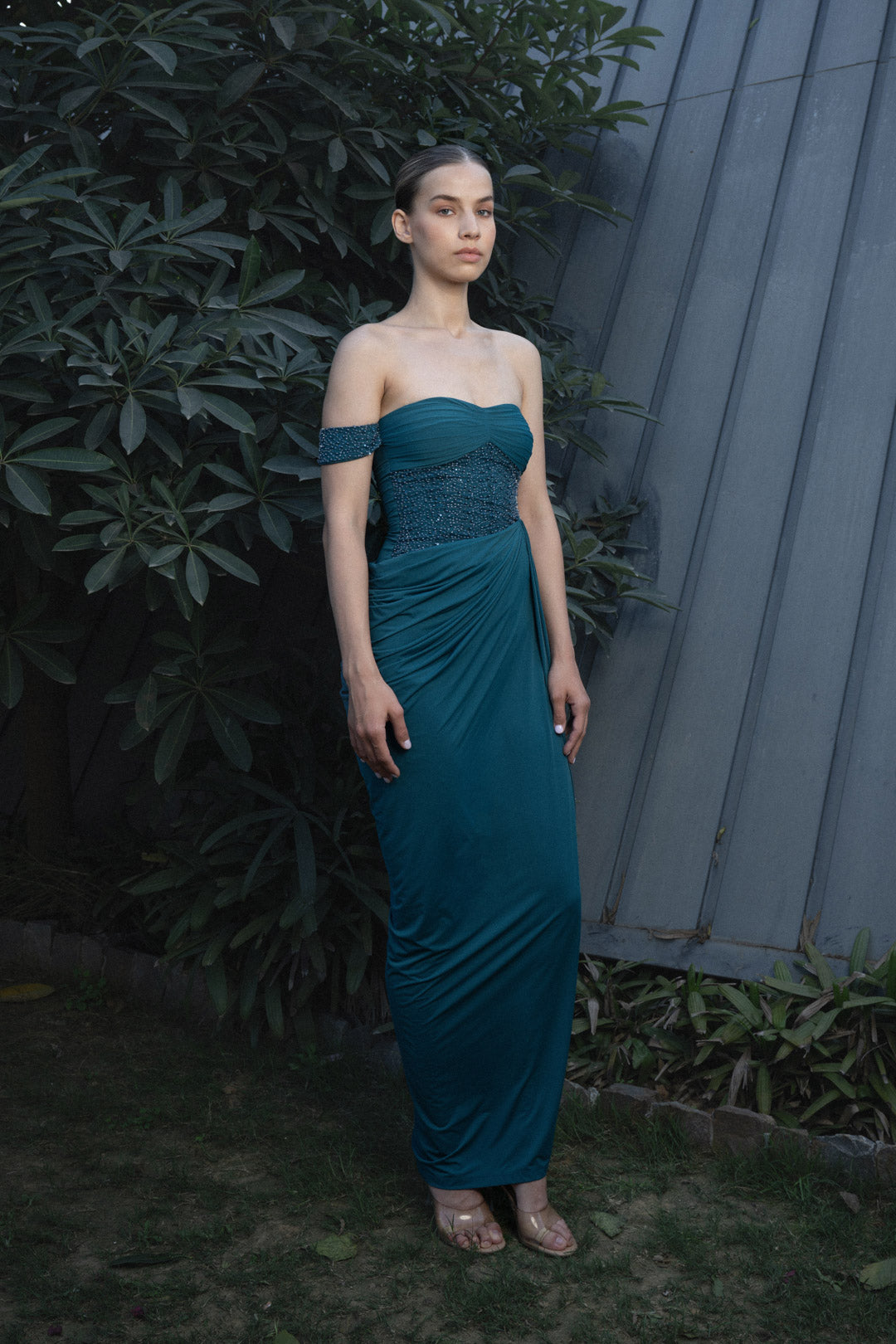 TEAL DRAPED STRAPLESS MAXI DRESS