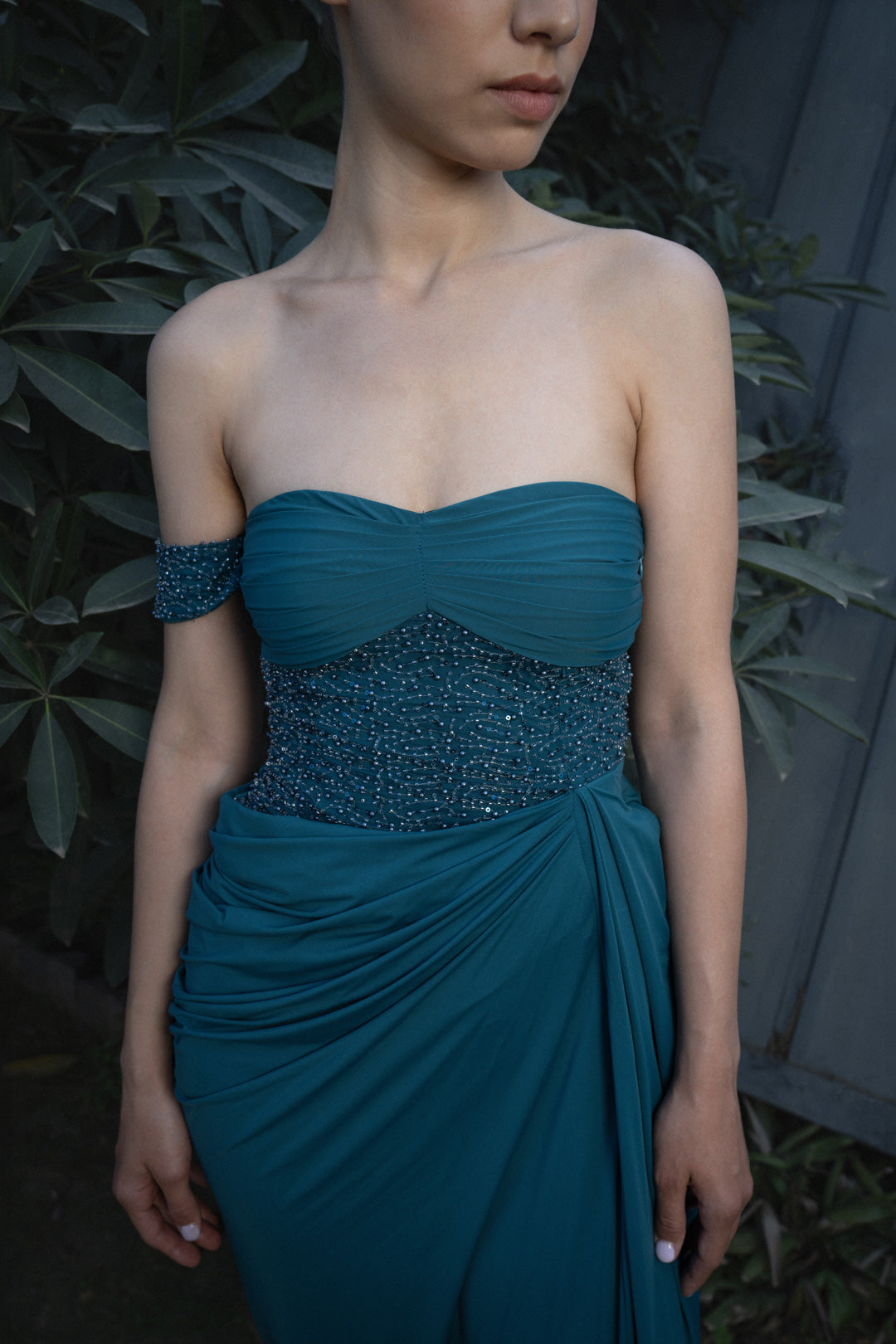 TEAL DRAPED STRAPLESS MAXI DRESS