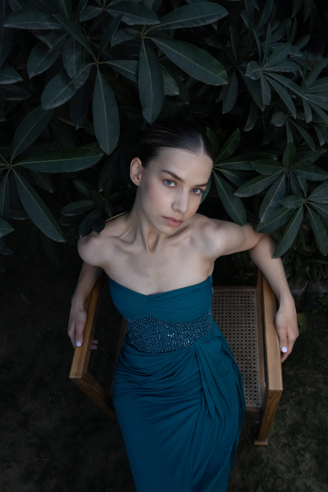 TEAL DRAPED STRAPLESS MAXI DRESS