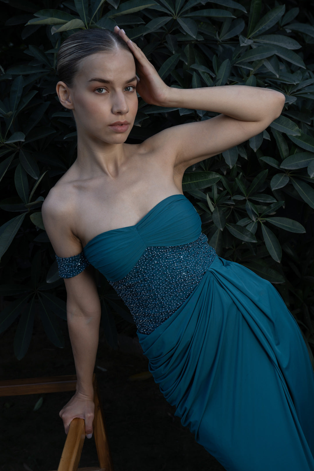 TEAL DRAPED STRAPLESS MAXI DRESS