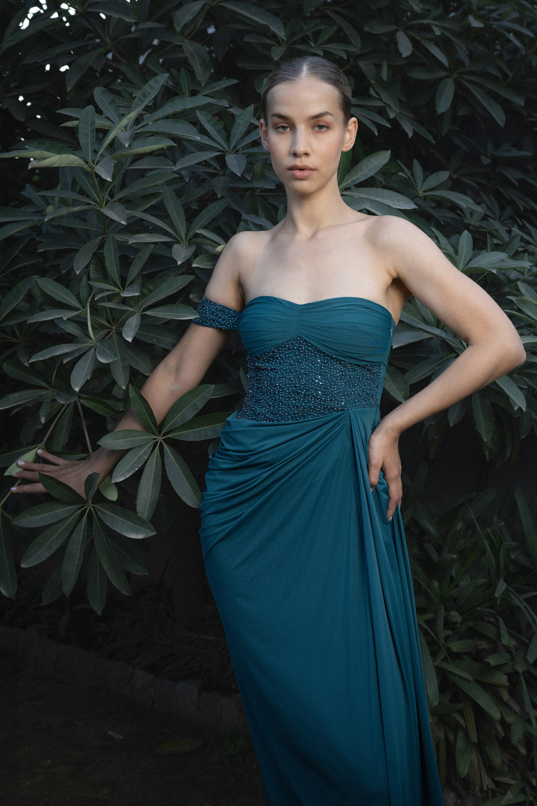 TEAL DRAPED STRAPLESS MAXI DRESS