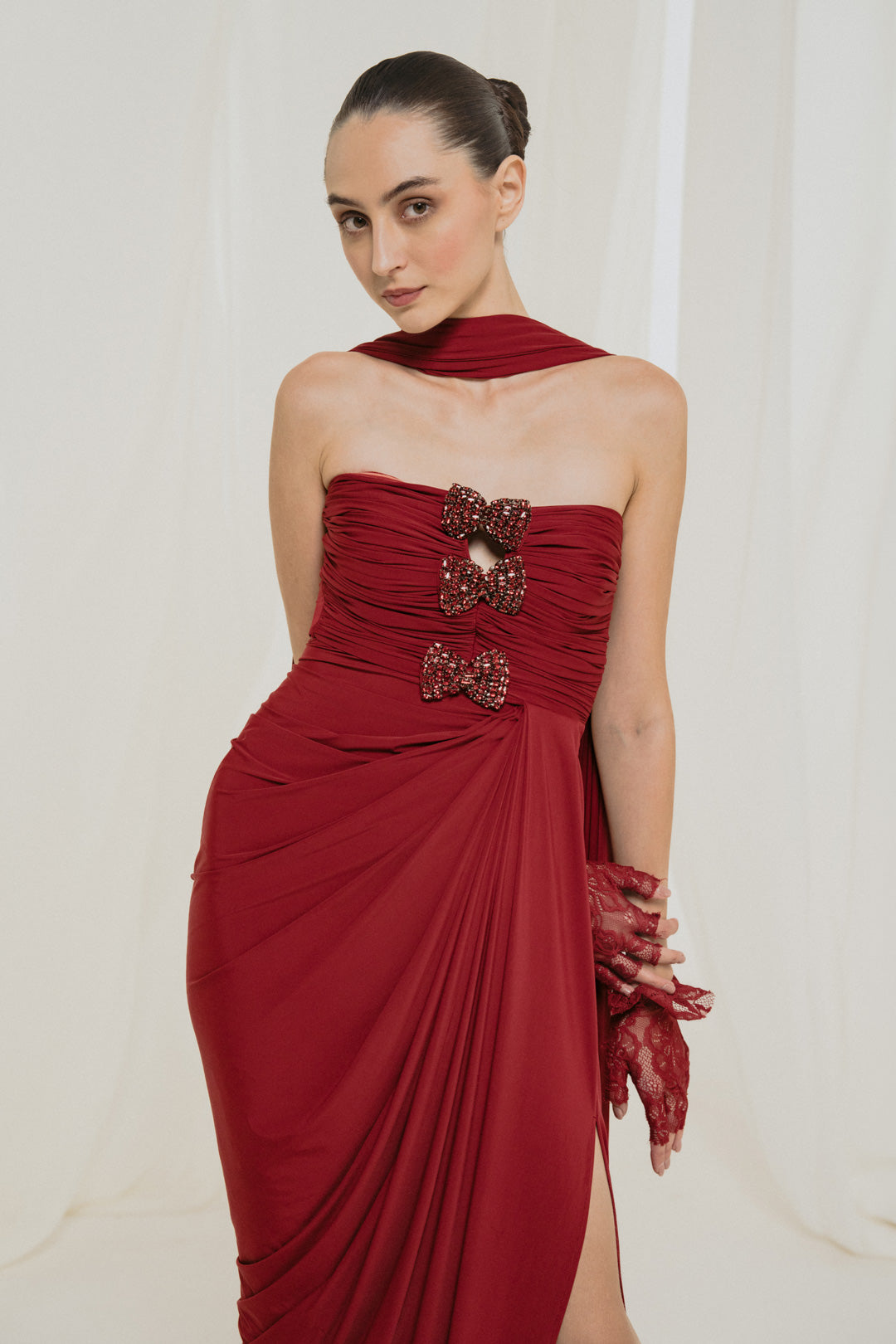 Draped Maroon Gown With Stole