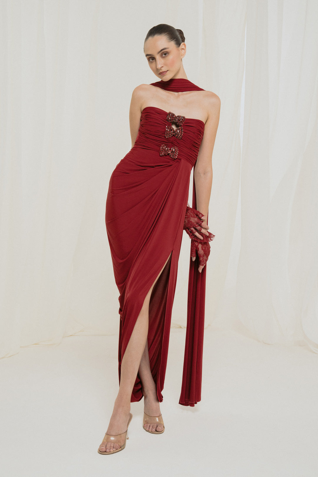 Draped Maroon Gown With Stole