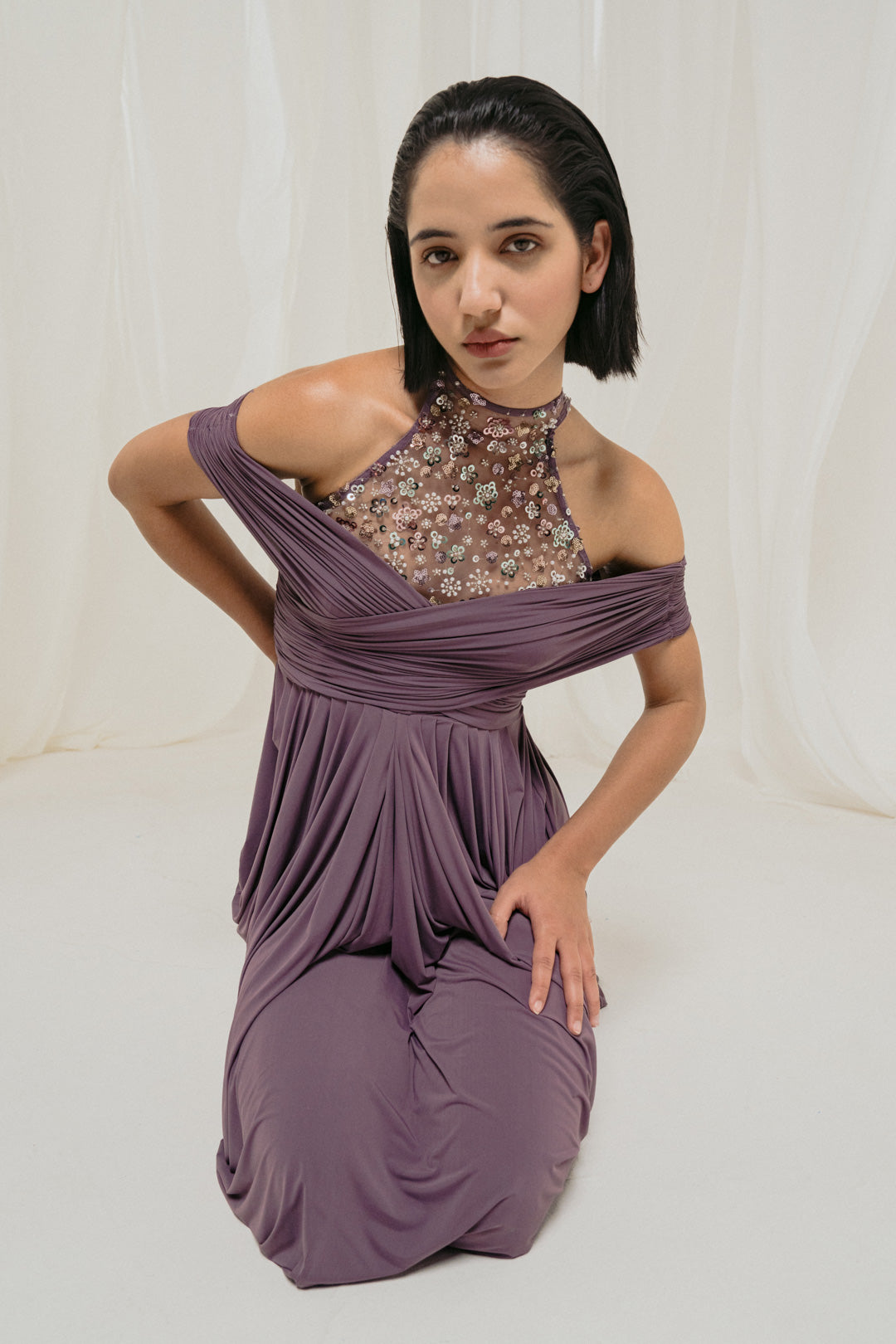 Mauve Off Shoulder Draped Gown With Embellished Halter Neck