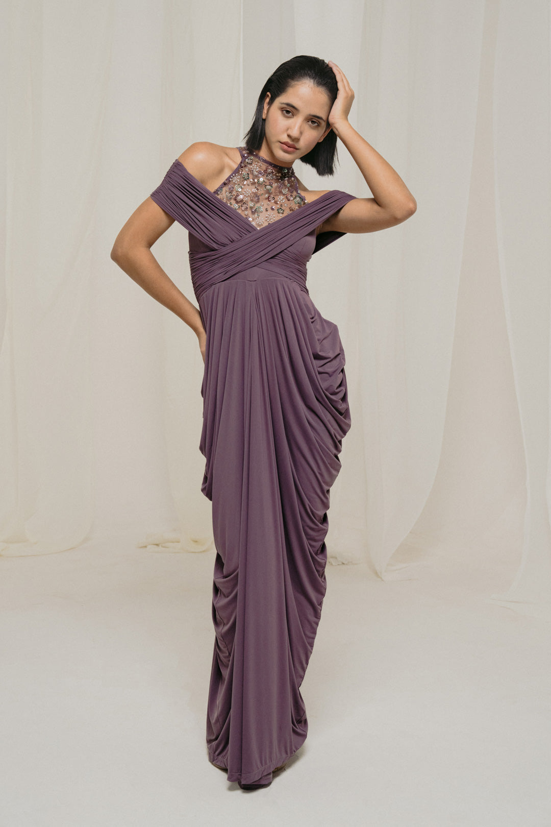 Mauve Off Shoulder Draped Gown With Embellished Halter Neck