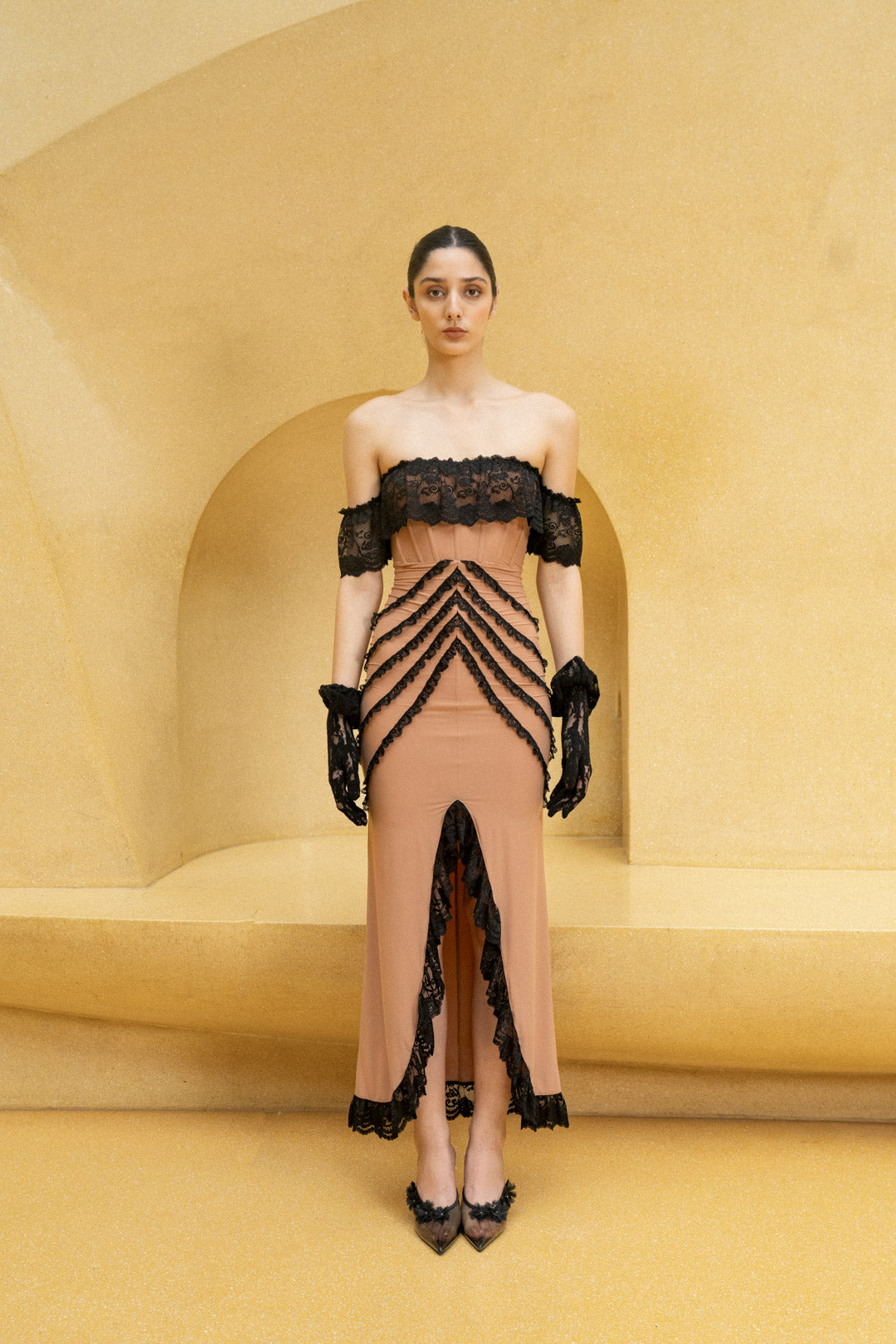 LIGHT BROWN OFF-SHOULDER DRESS WITH BLACK LACE DETAILING