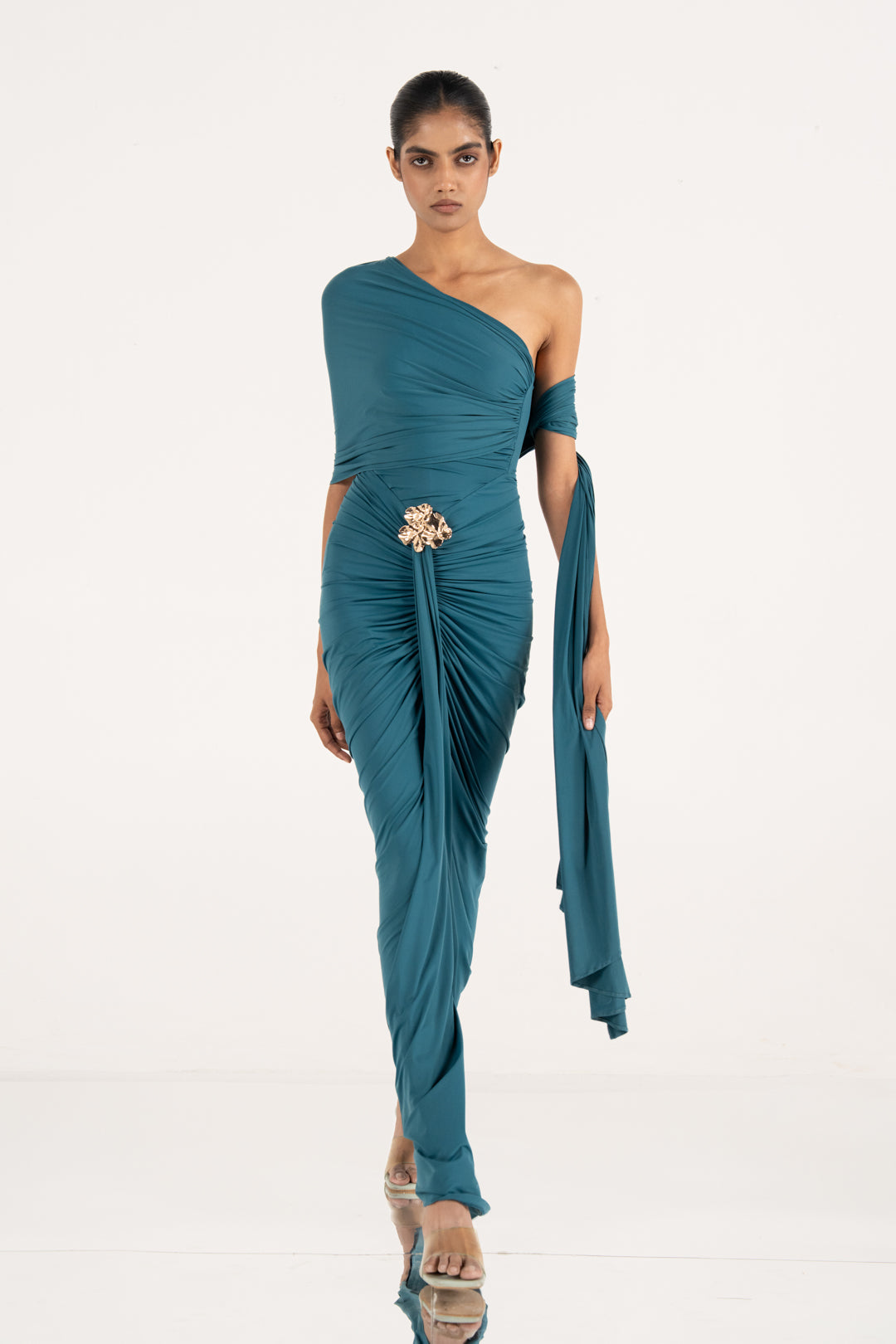 Teal One Shoulder Draped Gown