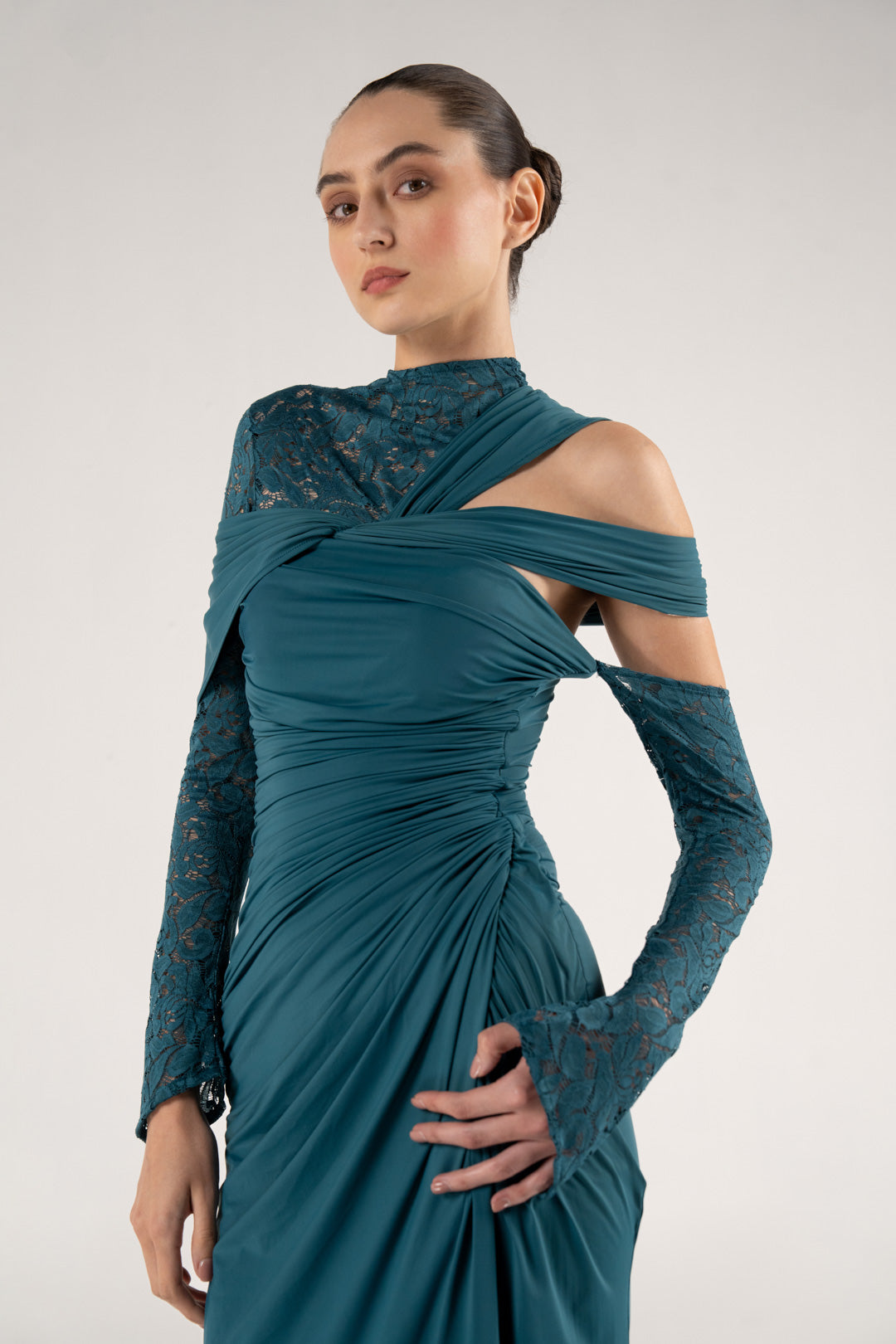 Teal Draped Gown With Sheer Lace Sleeves