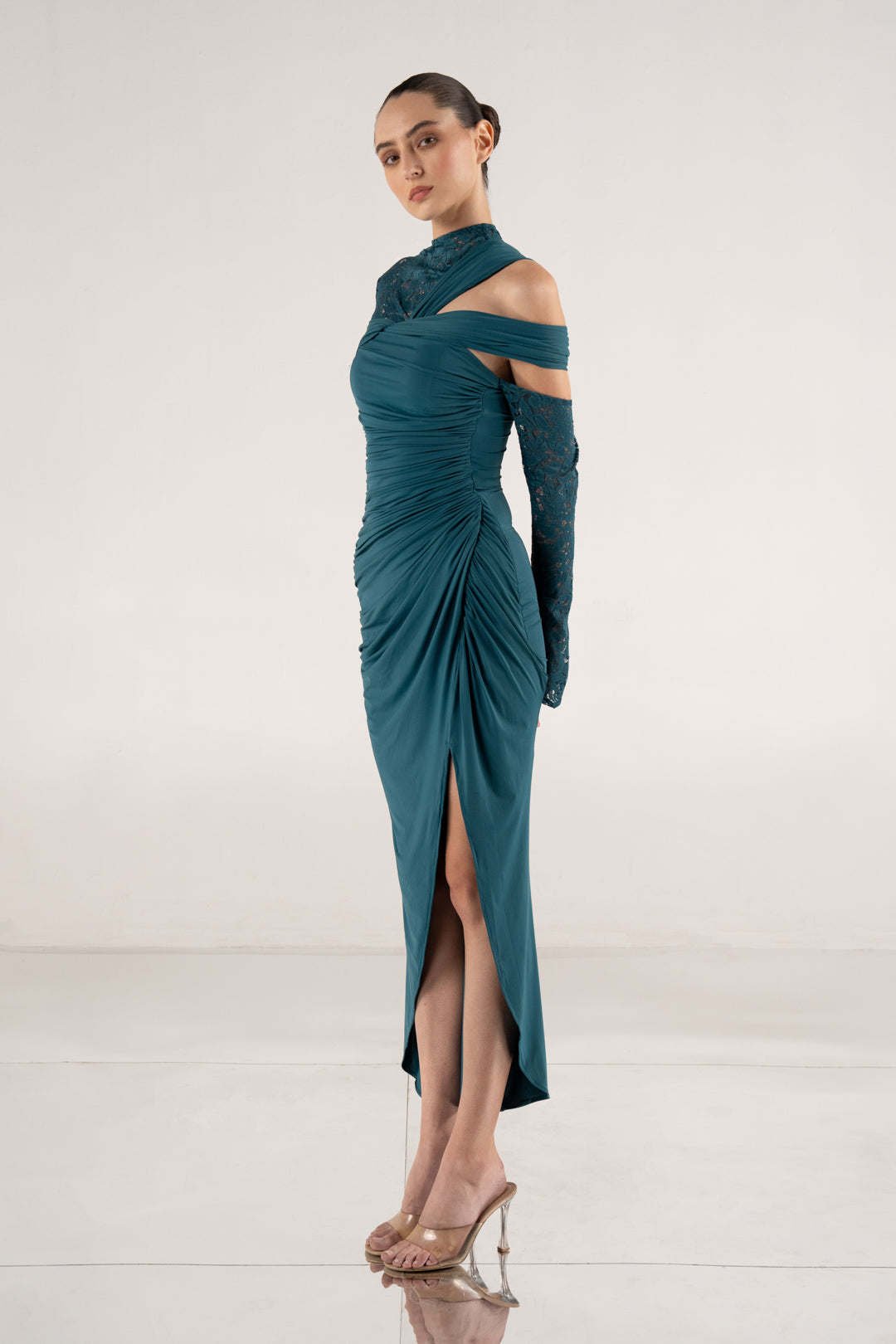 Teal Draped Gown With Sheer Lace Sleeves
