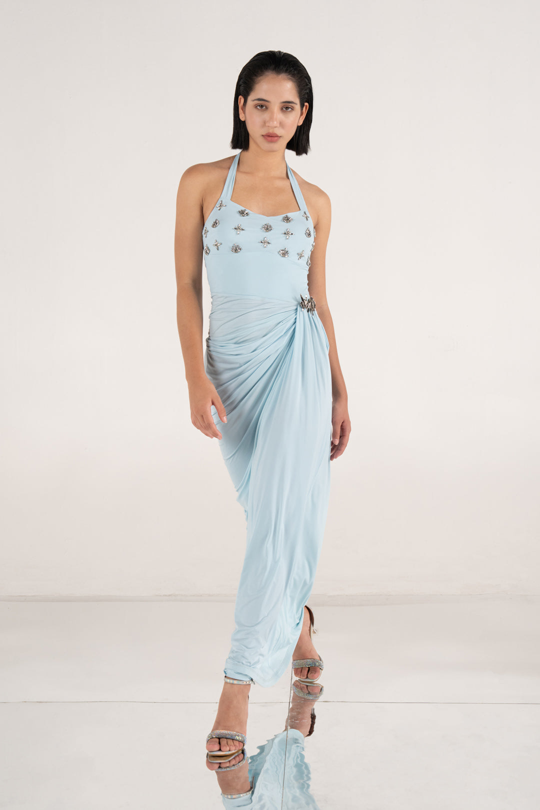 Light Blue Halter Gown With Soft Waist Draping