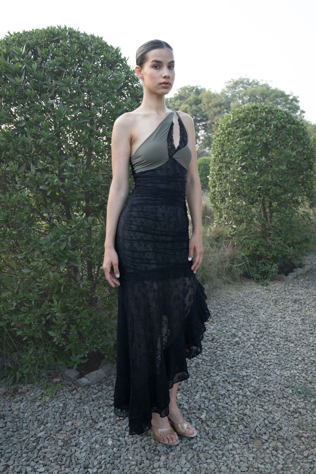 ASYMMETRIC LACE DETAIL MIDI DRESS WITH FRILL HEM