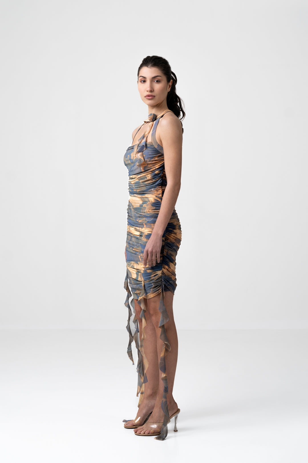 PRINTED RUCHED DRESS WITH RUFFLES