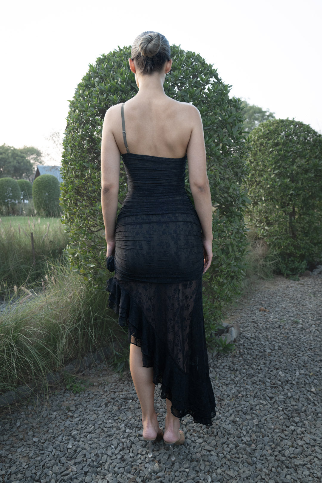 ASYMMETRIC LACE DETAIL MIDI DRESS WITH FRILL HEM