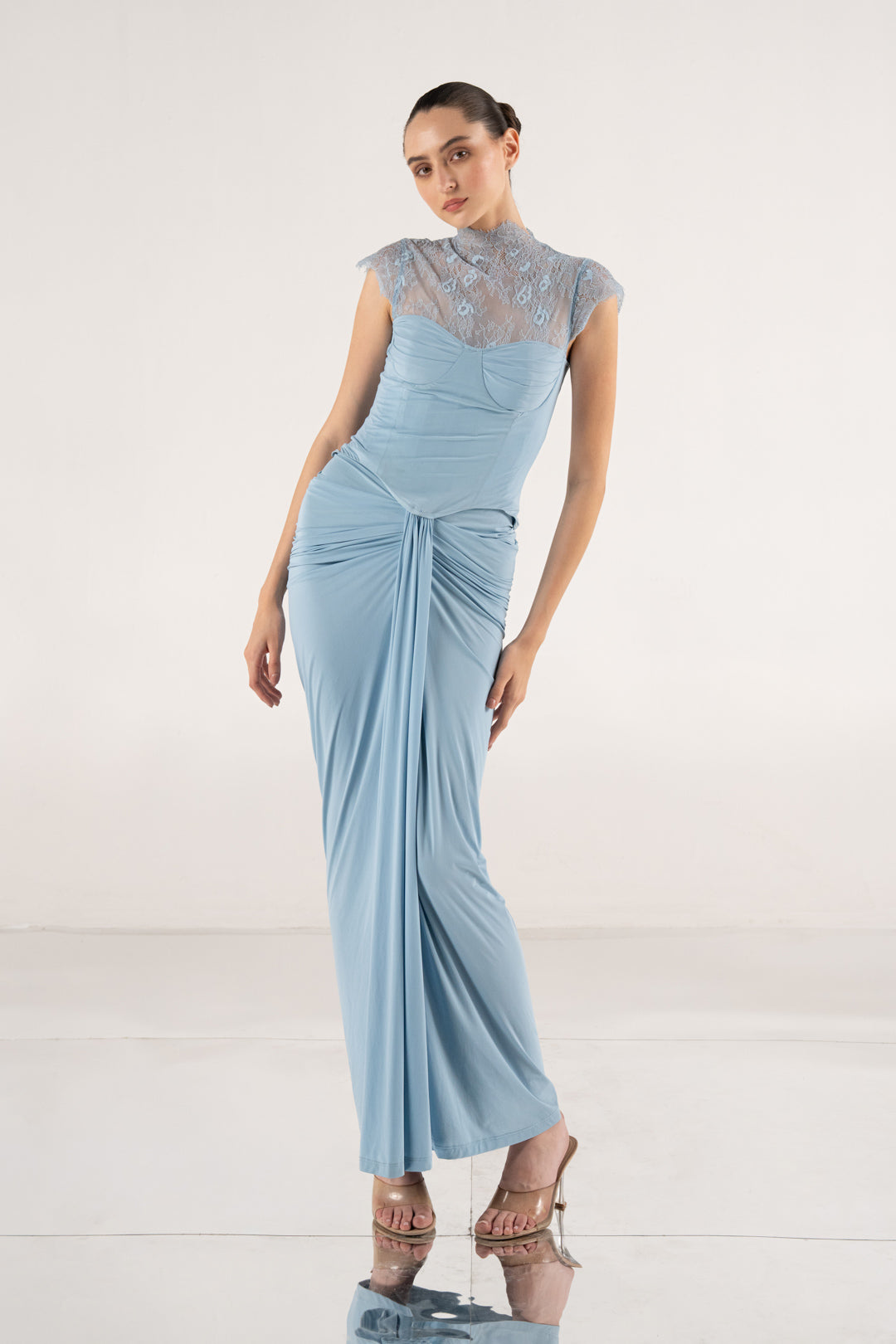 Ash Blue Lace Yoke Draped Corset Gown